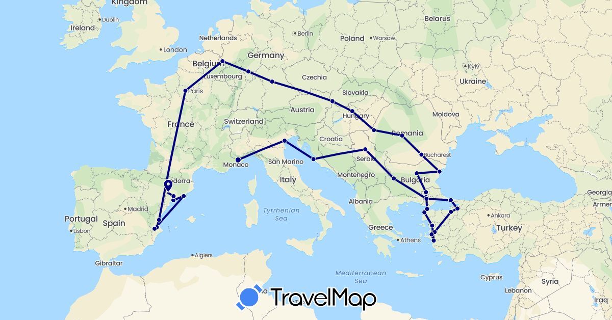 TravelMap itinerary: driving in Bulgaria, Germany, Spain, France, Croatia, Hungary, Italy, Romania, Serbia, Slovakia, Turkey (Asia, Europe)